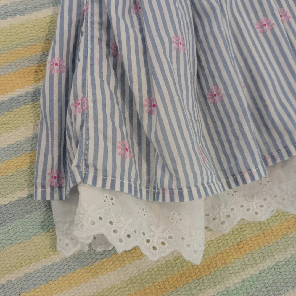 ⭐ Oshkosh Bgosh Denim Jean And Striped Floral Cotton Dress With Scalloped Eyelet